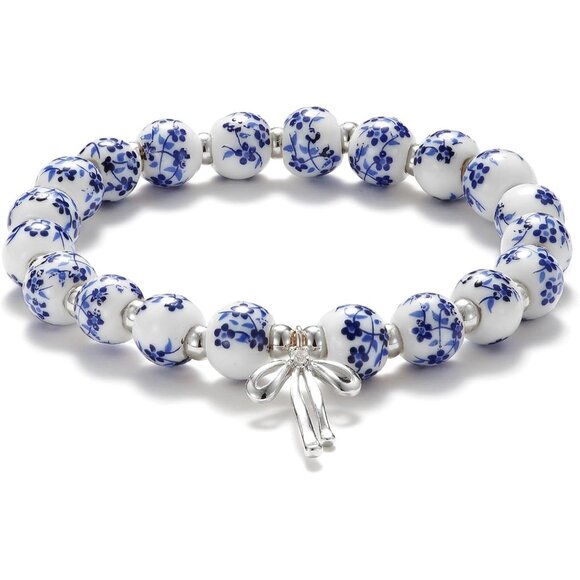 Beaded Charm Blue Pearl Bracelet Women Vintage Flower Handmade Romantic Jewelry - Picture 5 of 5